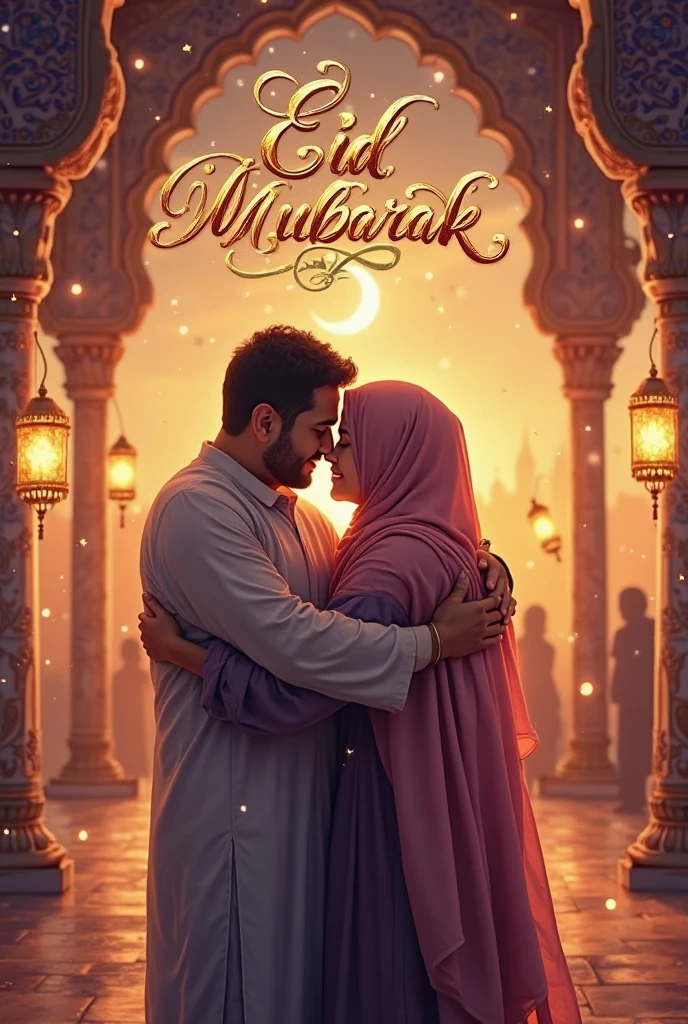 Create a 3d illustration where a 2 beautiful couple sitting on chair, Near Half White Moon Printed it Ramadan Mubarak. Near Ramzan lamps. The girl wearing a beautiful Red forak with hijab, the boy wearing a Blue Shalwar with Cap, the background of image is beautiful Wall black them. with name “Ramdan Mubarak “SHAKITH & AISHA” written on it.