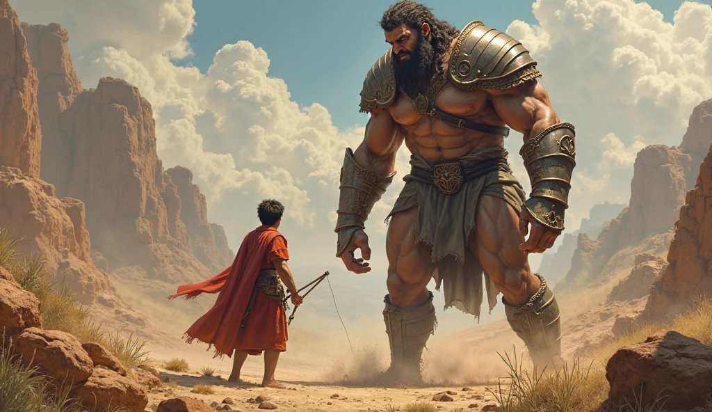 (photorealism:1.2), David kills the giant Goliath (VERY GIANT) with a small stone, gaining fame