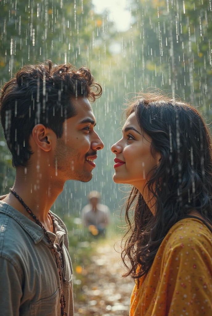 Indian women wears tight tshirt, wet in th rainfall, enjoying with her handsome brother. Her brother is stearing her. That Indian women has sexual expressions on her face.