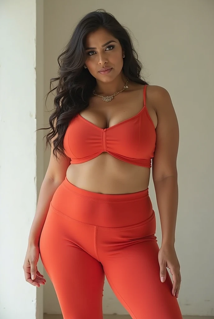 UHD, ultra high resolution, photo realistic 1.4, A glamorous young African American lady who is 26. Her hair is brown, long, and straight. Her eyes are light brown. She has light carmel brown skin. Her body is chubby, plus size, and curvy. She is wearing red leggings and a top. She is on a hike ib wilderness.