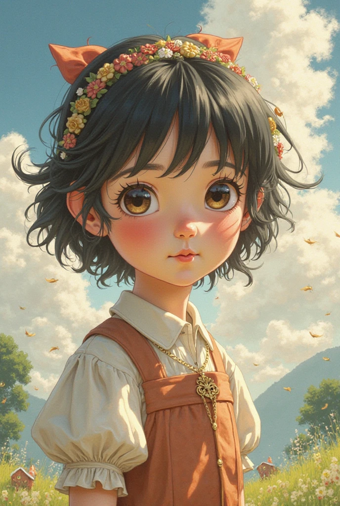8 year old little girl,Wearing modern and simple clothes in green Chinese style,Cute expressions,Soaring into the sky,Big round eyes,Cute little mouth,There are large tea leaves and camellia flowers growing on the head,Vivid and vivid colors,style of anime