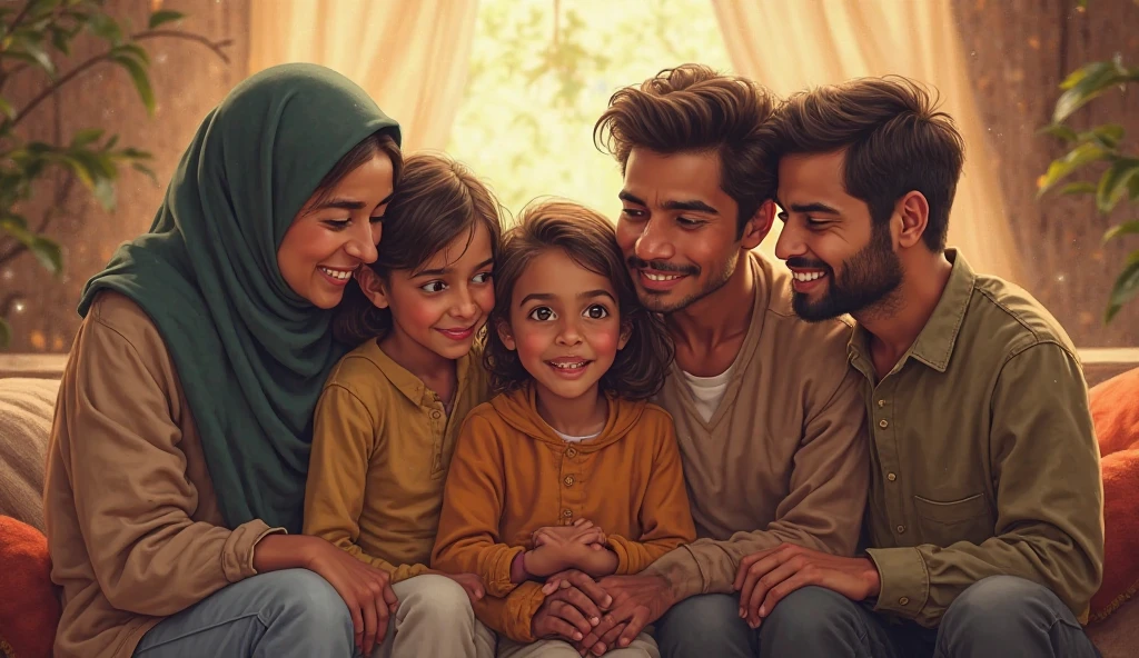 ((3 man wear jacket sitting), (2 hijabbed woman sitting), (1 hijabless teenage girl sitting)), casual fashion, happy expression, white skin people, indoor, extreme detail, masterpiece, 4k, adult 3D character, proportional, cinematic lighting