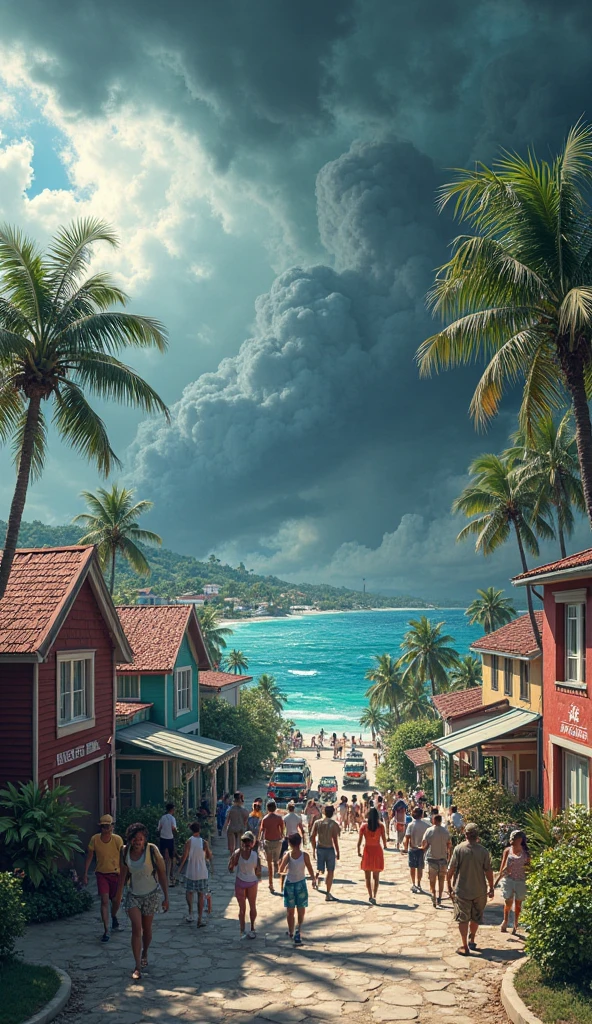 Hawaii Lahaina burning, painting view from the street, stores, galeries, restaurants, people running to the ocean water, in the morning, beautiful sky, style by christian lassen, Best quality, realistic, award-winning illustration in color, (complicated detail: 1.2), (fine detail) christian lassen style