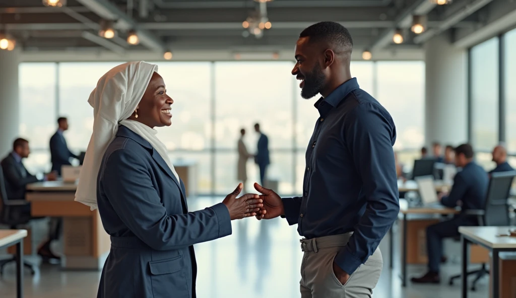 Two Somali peaple with suit shaking hands in office