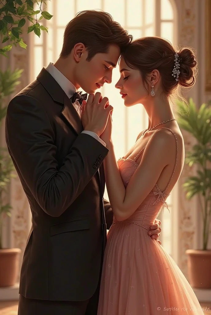 An couple of a boy and girl, girl wearing frock ,boy is like shawn Mendes wearing black office suit, both sitting on dinning table 