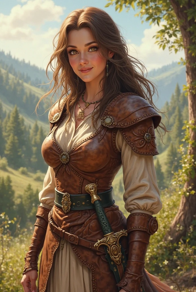 Drawn in the comic styling of humbertos ramos. Five foot female, possessing a body like Scarlett Johanssen. Possesses amber eyes with grey-green limbal rings. Fair skin. No blemishes. Chestnut brown hair, cascading down shoulders. Wearing a casual medieval riding dress that is at least to her knees, and brown riding boots. Hands crossed over front. Particular attention paid to the curving of hips and breasts. Attractive face, at least a 9 on the facial attractiveness scale.