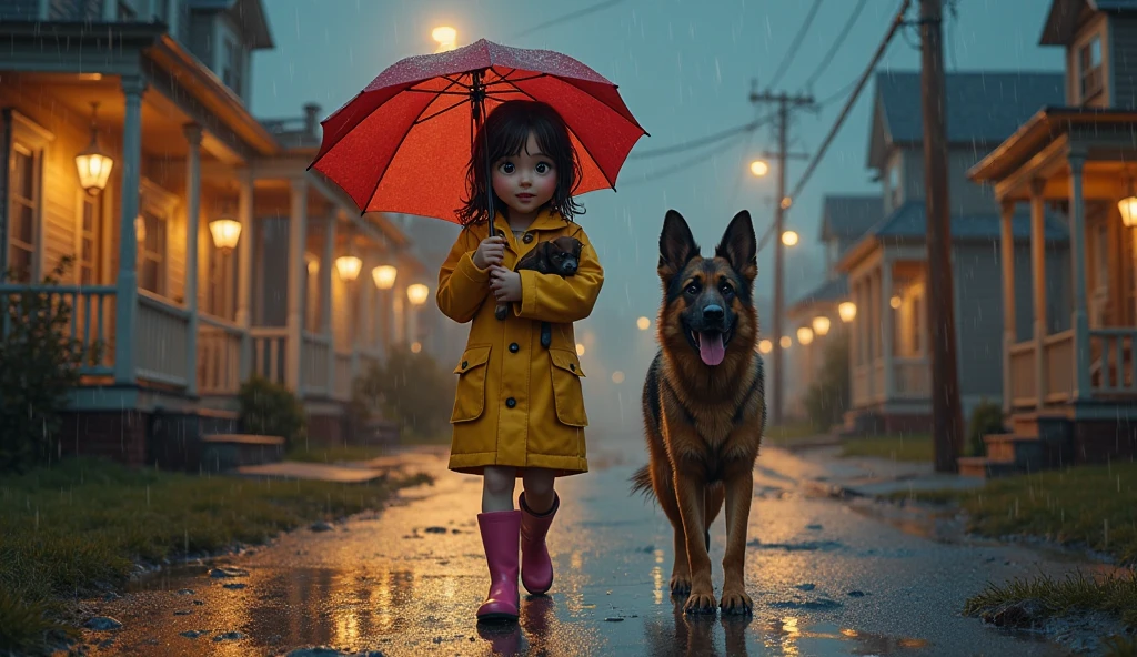 kids with her dogs suburban street storm and rain, (masterpiece:1.2) (illustration:1.2) (best quality:1.2) (detailed) (intricate) (8k) (cinematic lighting) (sharp focus)