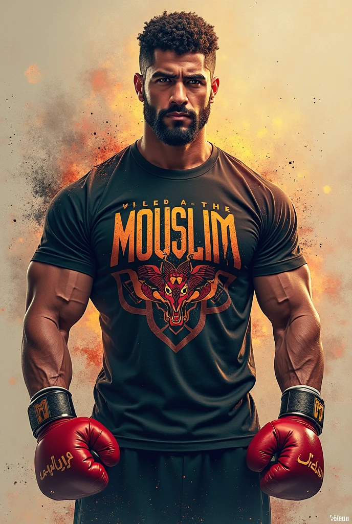a dark shadow figure of a muscular handsome MMA fighter with the words "MMA monsta" written visibly right in front of his chest
