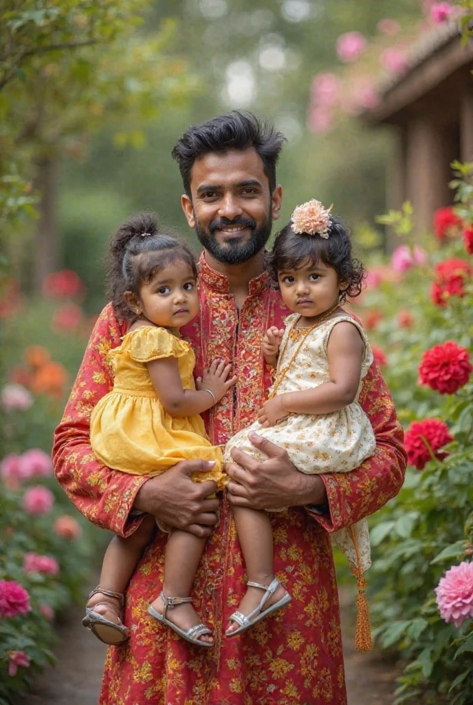 "Create an image of an 80-year-old woman dressed as a bride in a red salwar kameez with traditional jewelry. She is standing next to a 9-year-old boy in a sherwani kurta, both adorned with floral garlands. They are surrounded by a background of small, green grass. There are people standing behind them. The image should be clear and detailed."