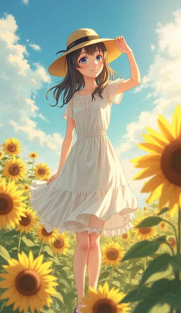 ((masterpiece)),((Highest quality)),((High resolution)),((Anatomical)),((Realistic)),((Detailed Description)),((Perfect lighting)),((8K)),((cute)),((blue sky)),((cumulonimbus)),((Big sunflower field)),(((One ))),(((Lori))),(((neutral))),8-year-old)),((Beautiful eyes)),((Baby Face)),((low length)),((Petite)),((slender)),((smile)),((White teeth)),((((Deep tan)))),((Full body view)),((Pure white dress)),((Straw hat)),((Sprinting)),