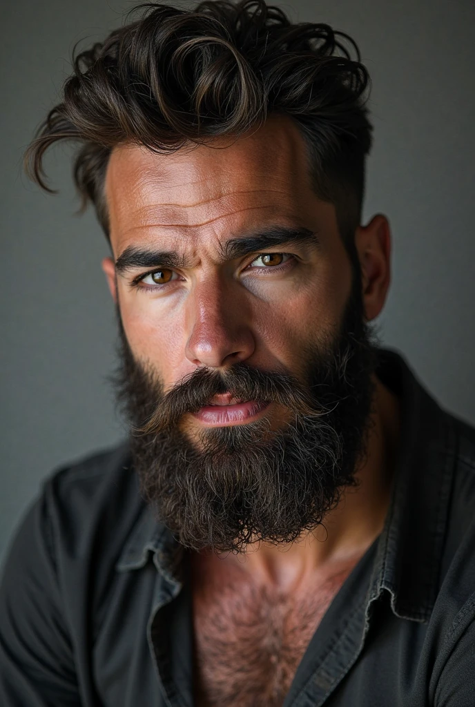 (best quality,ultra-detailed,realistic:1.37),portrait,hiperrealism,hiperdetailed,sunny light,brilliant colors,40 years old man,muscled,handsome,bald,black long beard,intense gaze,only head and shoulders,first person perspective,looking directly at the camera, shaved head, no clothes.
