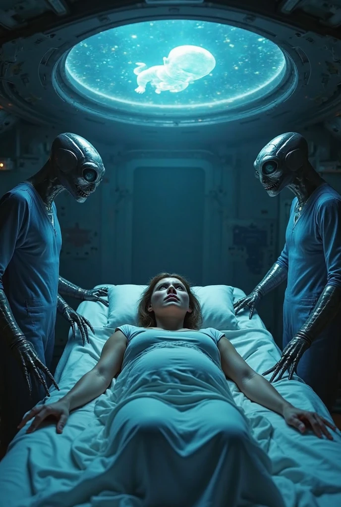 A giant alien keeps hand on a brown blonde hair pregnant woman in bed