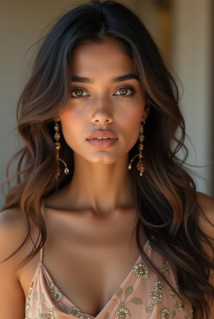 The woman has light skin tone, reflecting its Latin origin. Her complexion is soft and luminous, with a light golden touch that highlights its natural beauty. His facial features are defined and expressive., with a touch of warmth that reflects its Latin heritage. Her long, curly hair cascades around her face, perfectly complementing your skin and highlighting your natural elegance. Her style is a blend of modern sophistication and vibrant Latin culture., which is evident in the way he dresses and in his confident and passionate attitude.