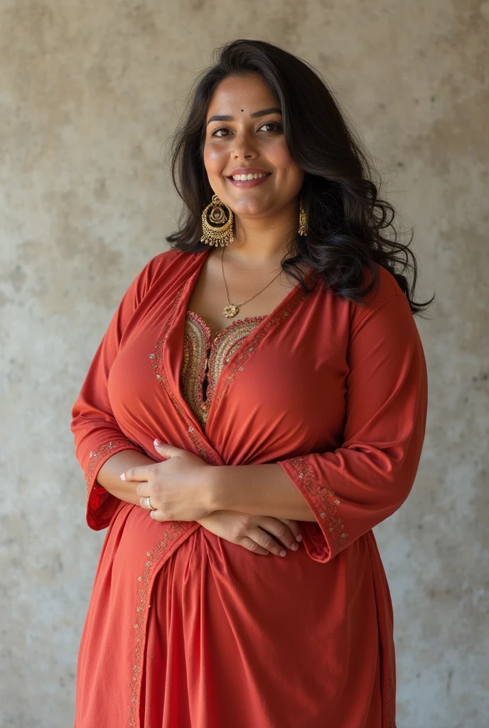 Indian chubby curvy female aged 30 wearing Sleeveless red colour A-line printed kurtis and sleepwear cotton pants in kerala traditional home