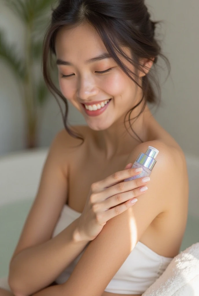 Health skin care, beauty smile asian young woman, girl hand applying, putting moisturizer on her arm, shoulder after shower bath at home. Skin body cream moisturizing lotion