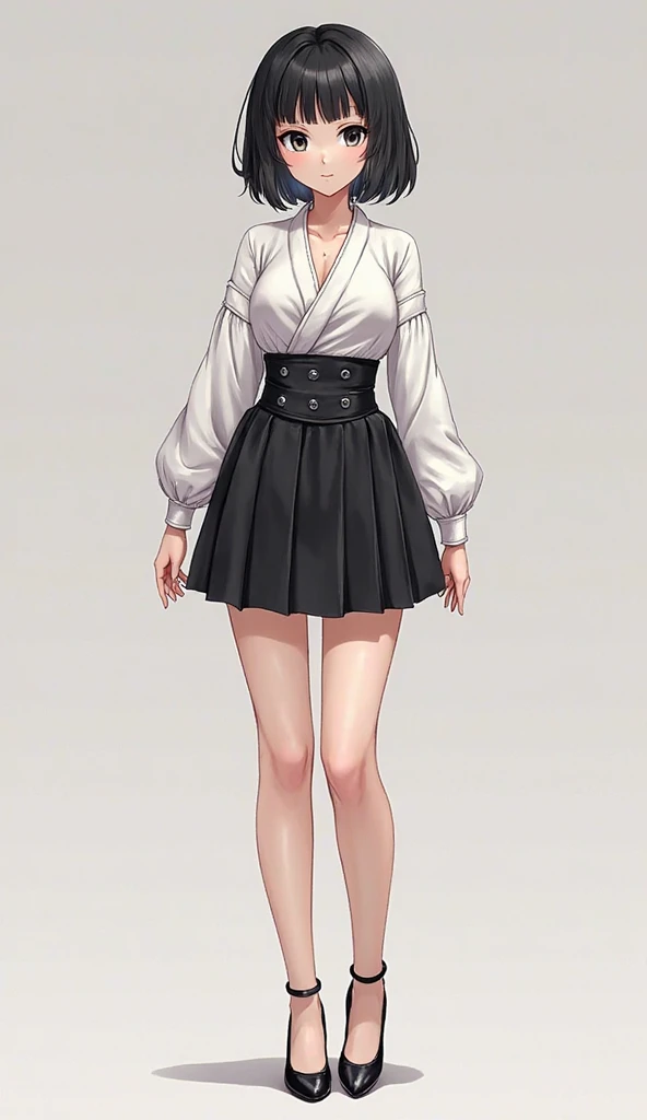 a woman standing on a street corner in a white top and beige pants, crisp details, full - body - front - shot, detailed image, full length view, illustration!, fullbody photo, simple style, set in tokyo bank parking lot, material is!!! plum!!!, japanese clothes, casual white garment, in tokio, style of yoshii chie、低身長、笑顔、小さい胸、