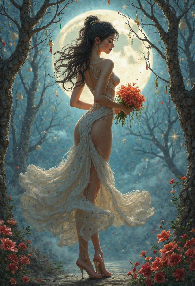a beautiful woman nude, no underwear, nervously trying to cover up in an alien flower garden in full bloom on a moonlit night, timid poses, tentacles reach for Kate dipping slime, highly detailed, 8k, photorealistic, dramatic lighting, cinematic, award winning portrait, masterpiece