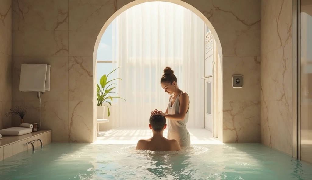 Hombre de 50 años en bata blanca, no se aprecia el rostro de dicho hombre, tomando de la mano a mujer llevándola al jacuzzi, ella en lencería naranja con orejas de zorro, ambos de espaldas, el adelante de ella, el hombre está de espaldas a la toma , al fondo una mesa de masajes, es spa muy lujoso