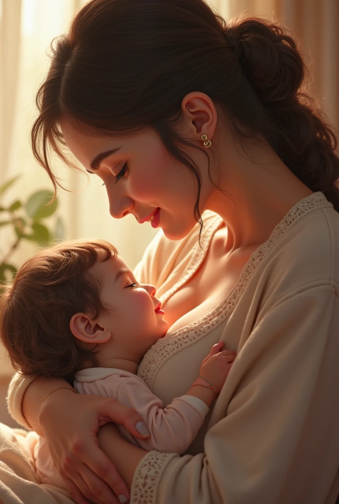 Beautiful 24-year-old aunt with big breastfeeding her granddaughter