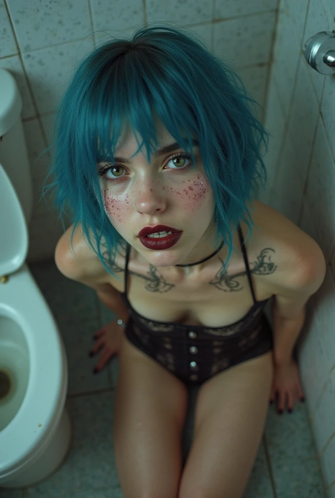 ((Una camarera)), 16 years old, (mujer preciosa), (modelo), short hair, ((cyan hair)), (blue eyes), ((tattos)), (body slim), (serious face), ((brazilian tanga)), ((((bigger breasts)))), (intrincado), (detallado), ((blood stains on body)), (((full body))), ((shower)), (legs), (((little ass))), (((soft ass)))