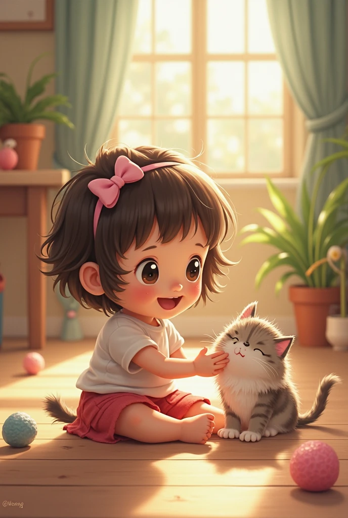 A cute girl playing with cat