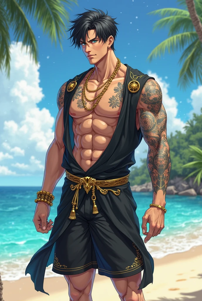 A man with muscular abs, tattoos, tan skin, and yellow eyes.
