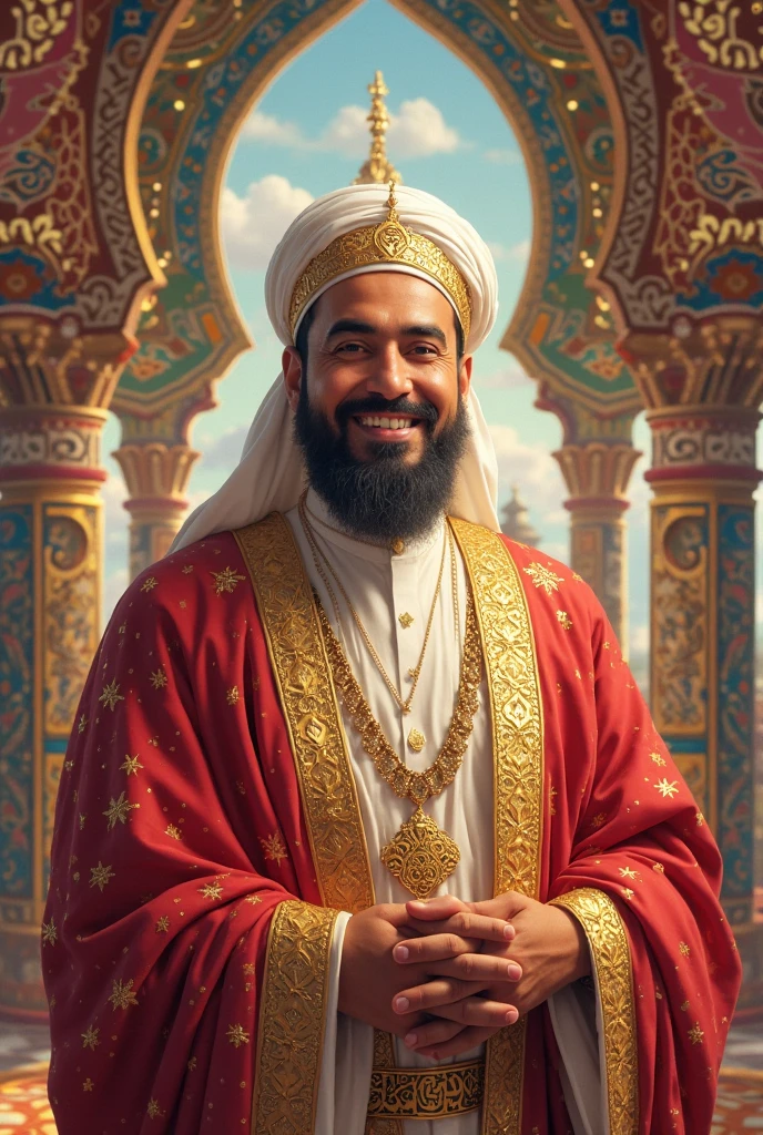 a smiling muslim arab prince sitting on a royal chair in an arabic palace, prince turban, medieval arabic times , ANKARA cinematic color grading lighting vintage realistic film grain scratches celluloid analog cool shadows warm highlights soft focus actor directed cinematography technicolor Alban Lcuyer and by Ernest Procter, ((disney art)), rim light