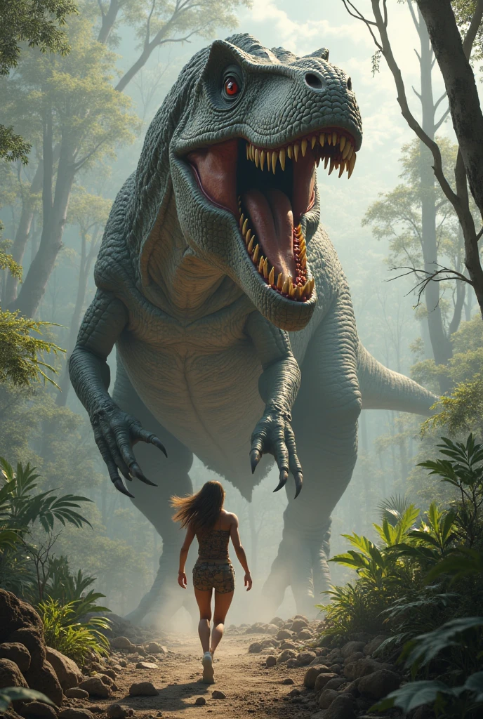 A brunette woman,  nude in the jungle, being attacked by a t-rex
