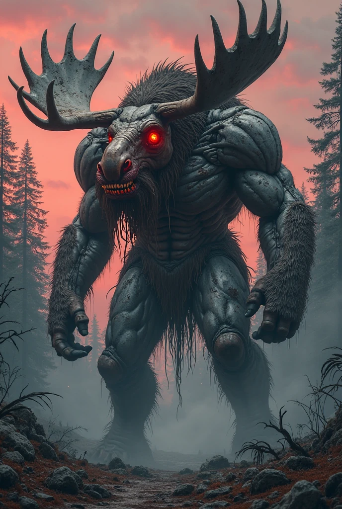 Horror masterpiece, best quality, (action shot), combat, greg rutkowski, dynamic pose, roaring, large wendigo visible in the distance attacking with sharp claws, large bloody maw, fantasy, people attacking the wendigo with swords, dark winter night, forest deep dark woods, massive ancient trees, battle, scenery, mountain, outdoors, multiple people, injured people on the ground, (blood splatter flying through the air), trail of carnage, indirect moonlight, very detailed, high resolution, sharp, sharp image, 4k, 8k, ray tracing, moonbeams, (fog:1.2),