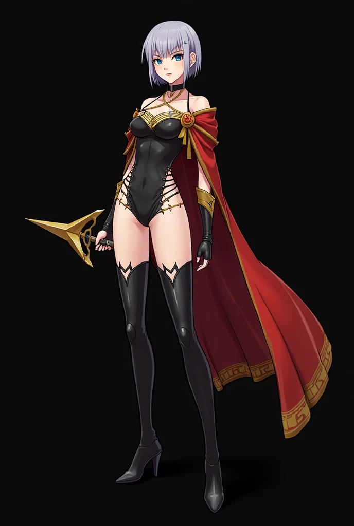 ((BLACK BACKGROUND 1:2, masterpiece)) 1solo female full body MILF BIMBO standing straight symmetrical with two long thighs, red eyes like rubies, eye focus looking to the viewer, silver white hair, short bob style hair, big knockers breastplate, breastplate, cleavage, tiara royal, long cape up to two feet, yellow bikini (yellow tiger stripes), lustful smirking smiling, smile face (red blushed, red cheeks) pauldrons metal shoulders, gold sleeveless bracelets, separate sleeves, hands on waist hands OR hips, golden bracers, metal handcuffs, leather corset, red loincloth, black leather choker slave collar, shackles bracelets, slave red crest under navel, navel, big belt around waist OR hips, feet together, metal ankle, two long thighs and two metal sandals