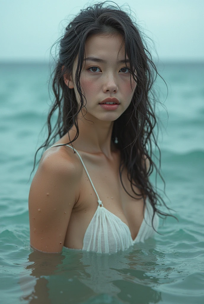 Japanese、beautiful、cute、young、Fair skin、Beautiful feet、D cup breasts、Cleavage、Tight waist、thin、White skin、17 years old、Sandy Beach、Eyes are moisturized、Wet lips、Wet bare skin、Sandy Beach、Summer Morning、Crashing Waves、The background is blurred、White Dresy whole body is wet、model looks up at camera、Lonely expression、
