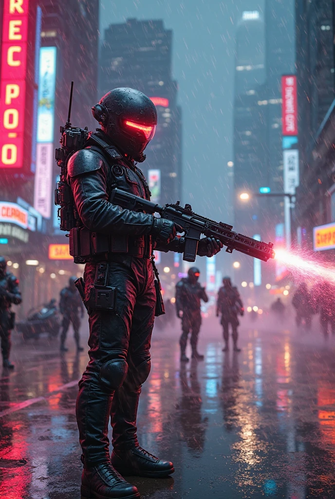 a futuristic soldier with a rifle running in a neon cityscape, pounding rain, cinematic