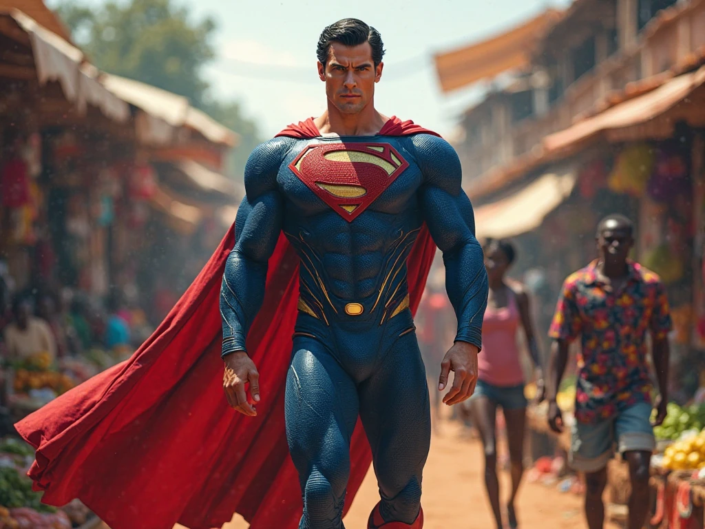 Create an image depicting Superman in the slums of India, showcasing his unwavering strength and compassion in the midst of challenging circumstances. Depict Superman in a confident and heroic pose, standing amidst the narrow alleyways and modest dwellings of an Indian slum. Dress Superman in a practical and down-to-earth version of his costume that reflects the surroundings, symbolizing his connection to the local residents. Use a dynamic and powerful art style to capture Superman's presence and the resilience of the slum environment. Incorporate elements of Indian street life and culture, such as vibrant colors, street vendors, and people going about their daily lives. Utilize warm and earthy tones to evoke the feel of the setting. The camera angle should emphasize Superman's steadfast stance and his interaction with the environment. Opt for a 135mm+ camera lens to capture the details of Superman's appearance and the intricacies of the slum scene. Render the image in high resolution to convey the contrast between Superman's heroism and the challenges of the surroundings.
