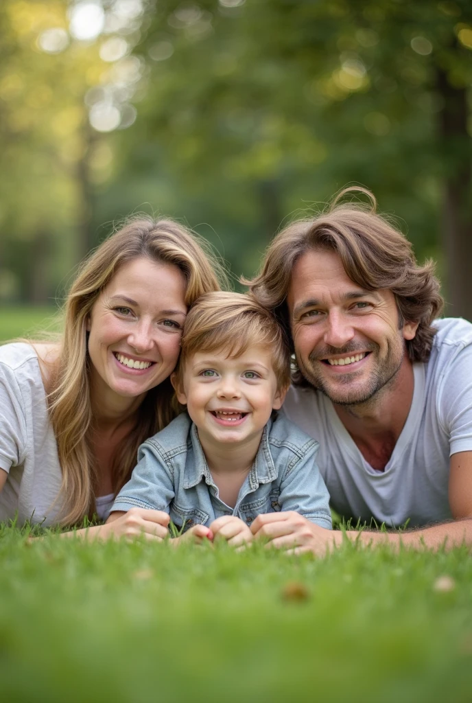A beautiful family in a park, a smiling woman and a happy man, lying in the meadow, Above them a 3-year-old boy and a playing with their parents.