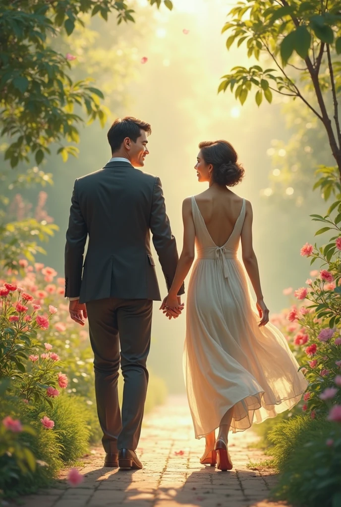 Panel 5:
(Jake finds himself in a Victorian-era garden. Lily, a beautiful woman in a long dress, is walking alone among the flowers. Jake sees her and approaches.) The clothes the boy was wearing were a long-sleeve shirt and jeans.

Text:
Jake approached Lily, staring at her in amazement. "Are you... Lily?" Jake asked, unable to believe it.

Dialogue (Lily):
Lily turned in surprise and said: "How do you know my name? I have been waiting... who are you?" 
