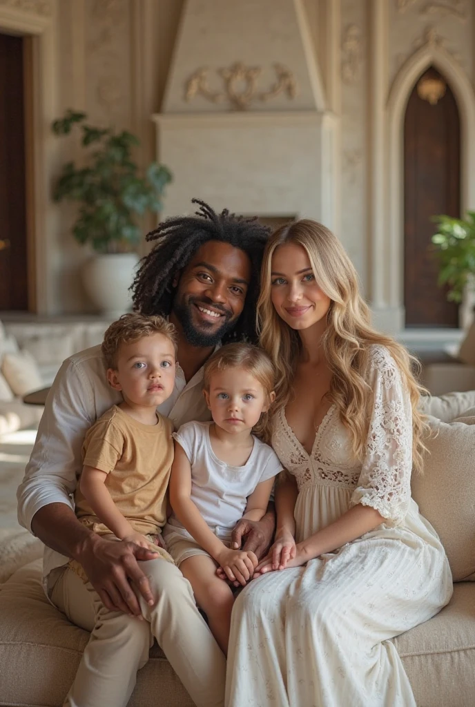 family, dark man with blonde woman, Baby in woman's lap, and boy in front, drawing style 