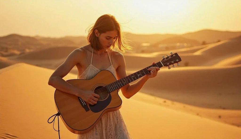 A was in an empty place with a flowery dress playing the guitar