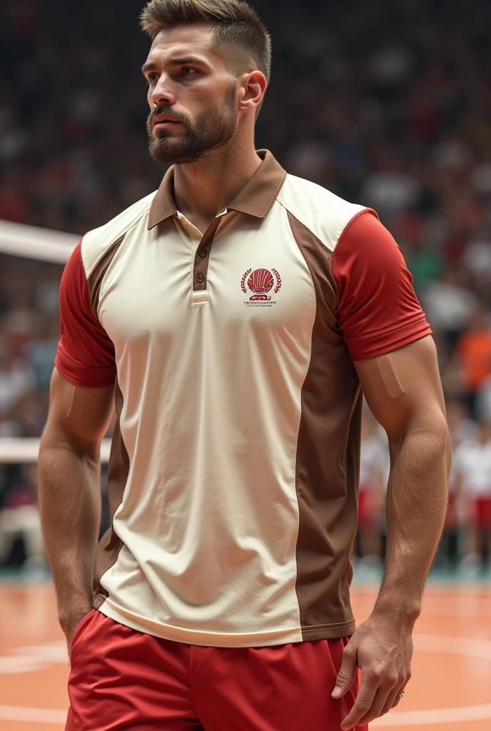 Black volleyball shirt with red and gold details on the sides with a Spartan symbol on the left side of the chest with a volleyball