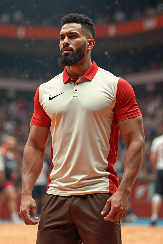 Black volleyball shirt with red and gold side details with a Spartans symbol on the left side of the chest with a volleyball