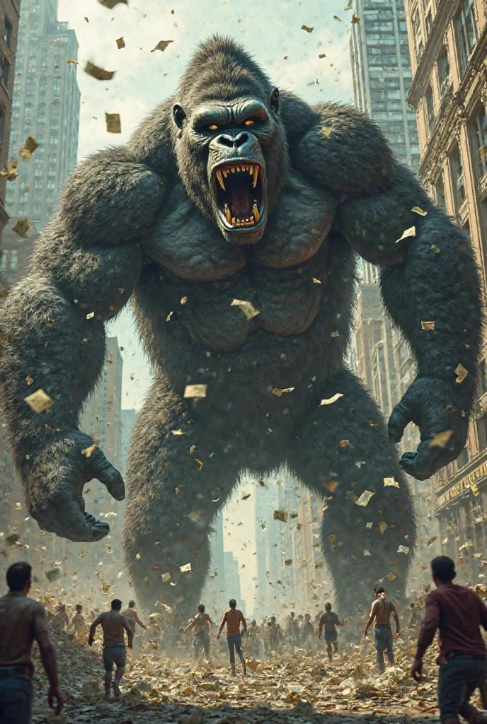 Devastated New York being attacked by King Kong, seen at the end of the street. cinematic style. King Kong em closeup extremo, with your head close to the floor, look at the girl cornered and scared on the sidewalk.
