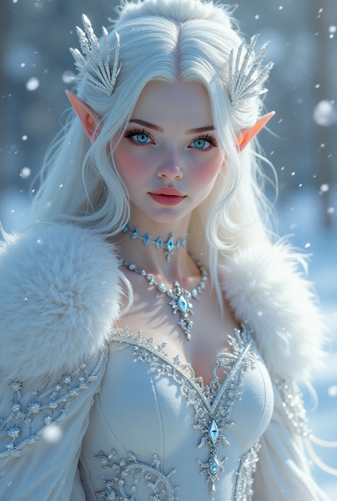 Elf girl with ice power, Wearing a beautiful ice blue dress, Standing in a snowy frozen landscape. This girl has long silver hair, sparkling blue eyes, and pale, flawless skin. Her dress is made of sparkling ice crystals, With intricate frost patterns and delicate snowflake decorations. She has a calmness, With a regal expression on his face,He wears a silver crown on his head. The surrounding landscape is covered in sparkling snow, There are tall icicles and frost trees. The sky is filled with flying snowflakes and soft snowflakes, Ethereal light illuminates the scene. Cool and pastel colors, with icy blue tones, silver medal, and white dominate the color palette. The ray cast is very long, dramatic shadows, Add depth and dimension to images. Overall image quality reaches the highest standards, with sharp details, The texture is real, and depth. The artwork was created using a combination of digital and 3D rendering techniques, Produce stunning details and realistic images.