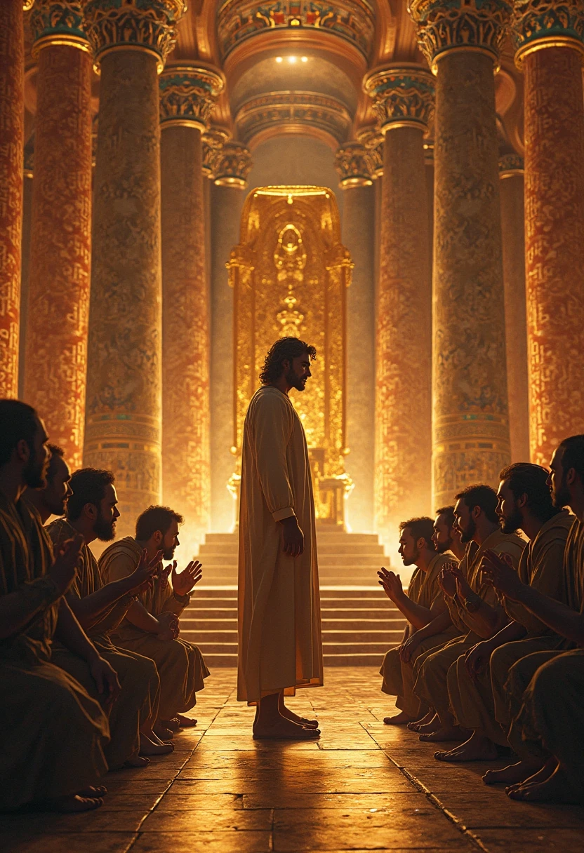 Make 10 Hebrew men and a young Hebrew boy wearing dirty clothes and surprised by seeing an Egyptian pharaoh, make it inside a palace, make it like a movie poster