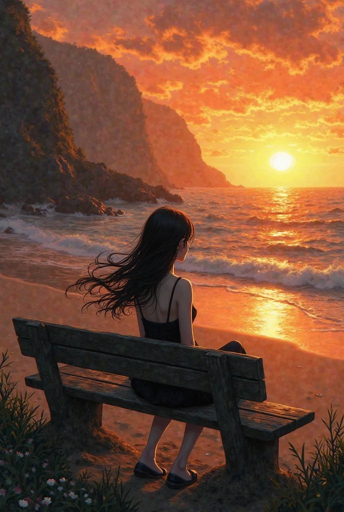 (masterpiece:1.3), (8k, photorealistic, RAW photo, best quality: 1.4), negative_hand-neg, negative_hand, woman sitting in a chair looking out at the ocean at sunset, girl watching sunset,