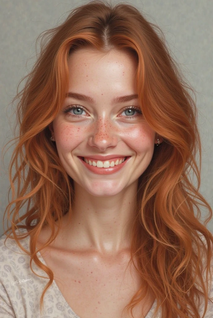beautiful lady, (freckles), big smile, ruby eyes, long curly hair, dark makeup, hyperdetailed photography, soft light, head and shoulders portrait, cover