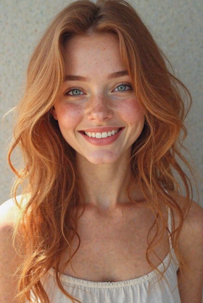 beautiful girl,smile,happy,close up,(detailed eyes:0.8),(looking at the camera:1.4),interior,(ginger hair:1.3),dark studio,muted colors,freckles