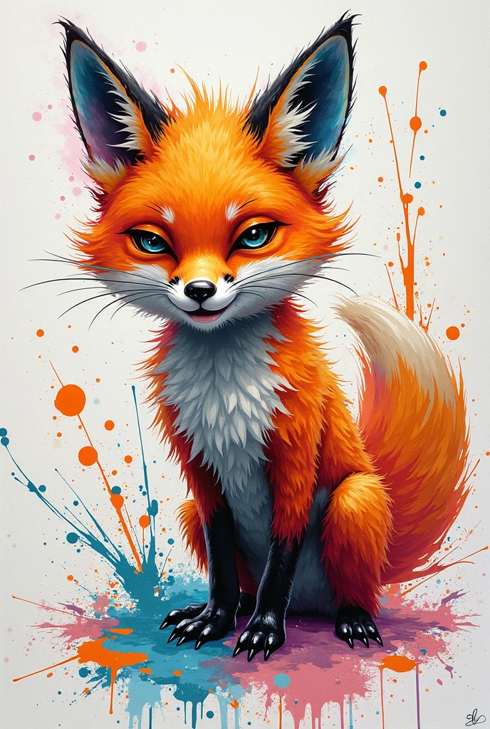 Illustration of cute fox, cute character, magic, fantasy, clear background, abstract splash background, t-shirt design, vector art