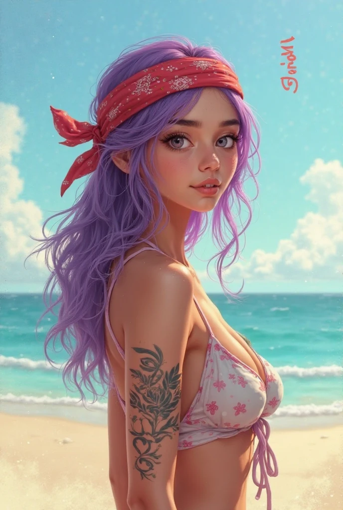anime-style and hyperrealism, portraying a stunning 30-year-old woman standing on a sandy beach, dressed in a vibrant bikini. The artist skillfully blends the characteristics of anime art with the meticulous detail of hyperrealism, resulting in a captivating and lifelike portrayal of the subject. ultra 4k, shy, Surrealism, cinematic lighting, sparkle, textured skin, super detail, best quality, retina, 8k