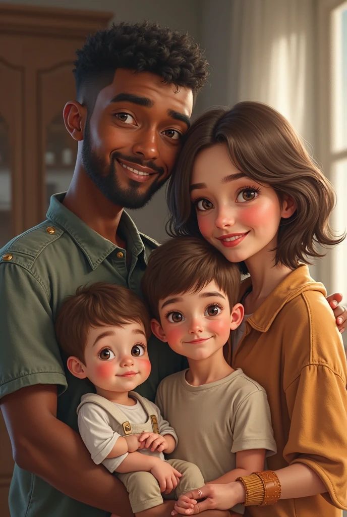 A woman with tanned skin, with very curly hair and wearing glasses, She is accompanied by two sons . The oldest is 8 years old and the baby is 1 year old. She is also accompanied by her husband, He is wheat-skinned and has a military bearing