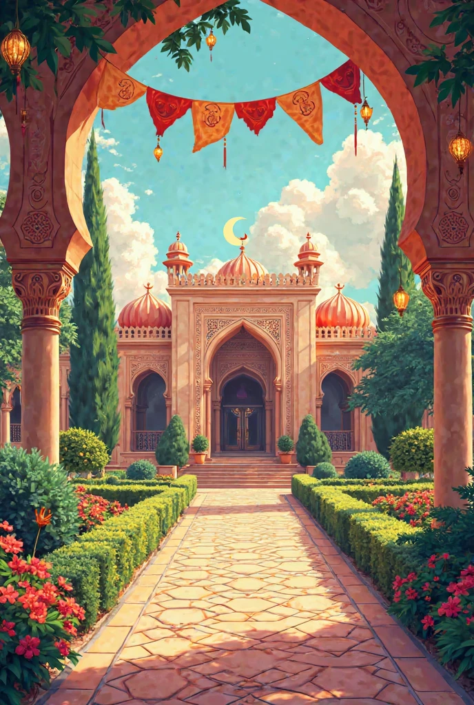 Je voudrais un chateau islamique  de l'extérieur comme un studio ghibli  , il y a des jardins , fleurs et des oiseaux , anime 90 dessain 