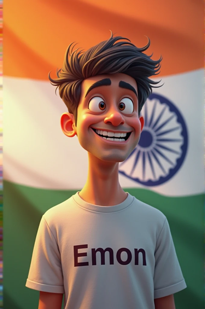 A real 15 years old boy.
Wearing Orange T shirt blue jeans sneakers
and the name". Juakin " is written on his t shirt and the boy is standing on the road with holding a national flag of India. and behind him is the Red fort Delhi. And written on sky "Independence Day Create Realistic image high quality .